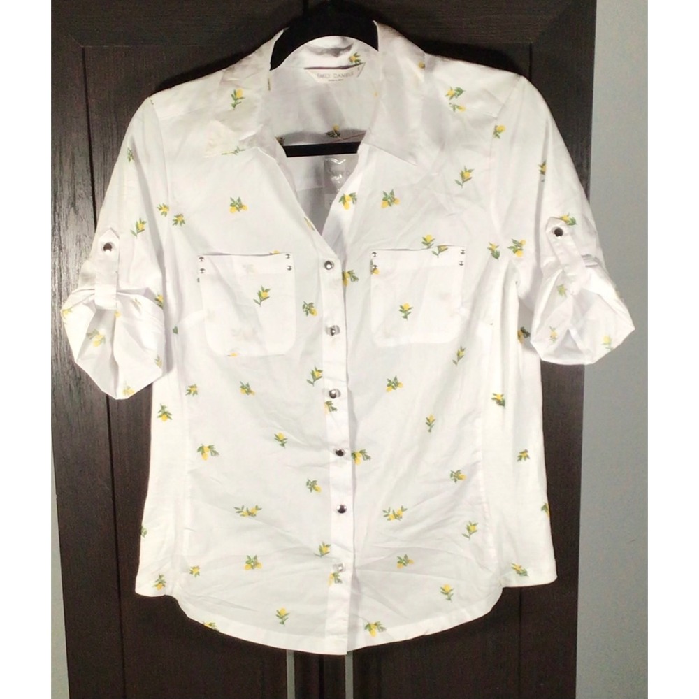 Emily Daniels Womens White Lemon Print Roll Tab Sleeve Button Down Shirt Small